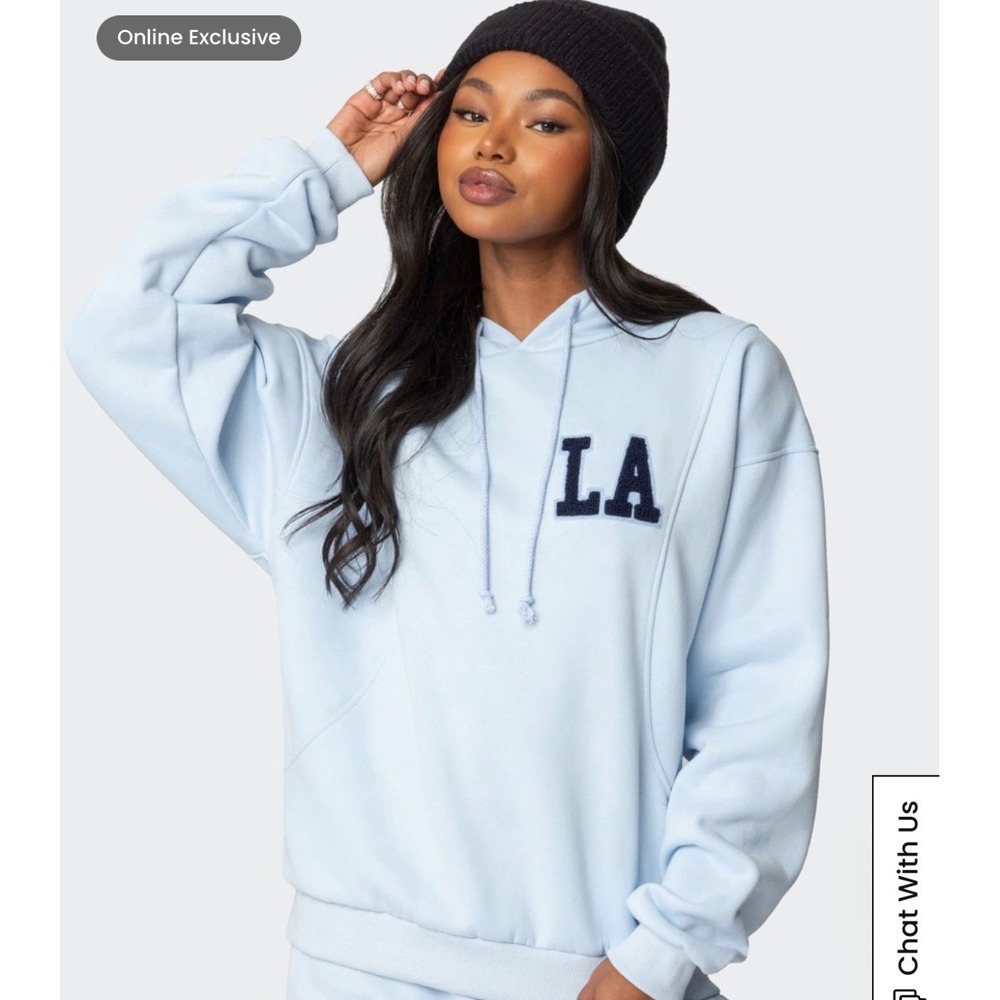 Edikted LA Love Hoodie Womens L Baby Blue Oversized Varsity Patch Streetwear